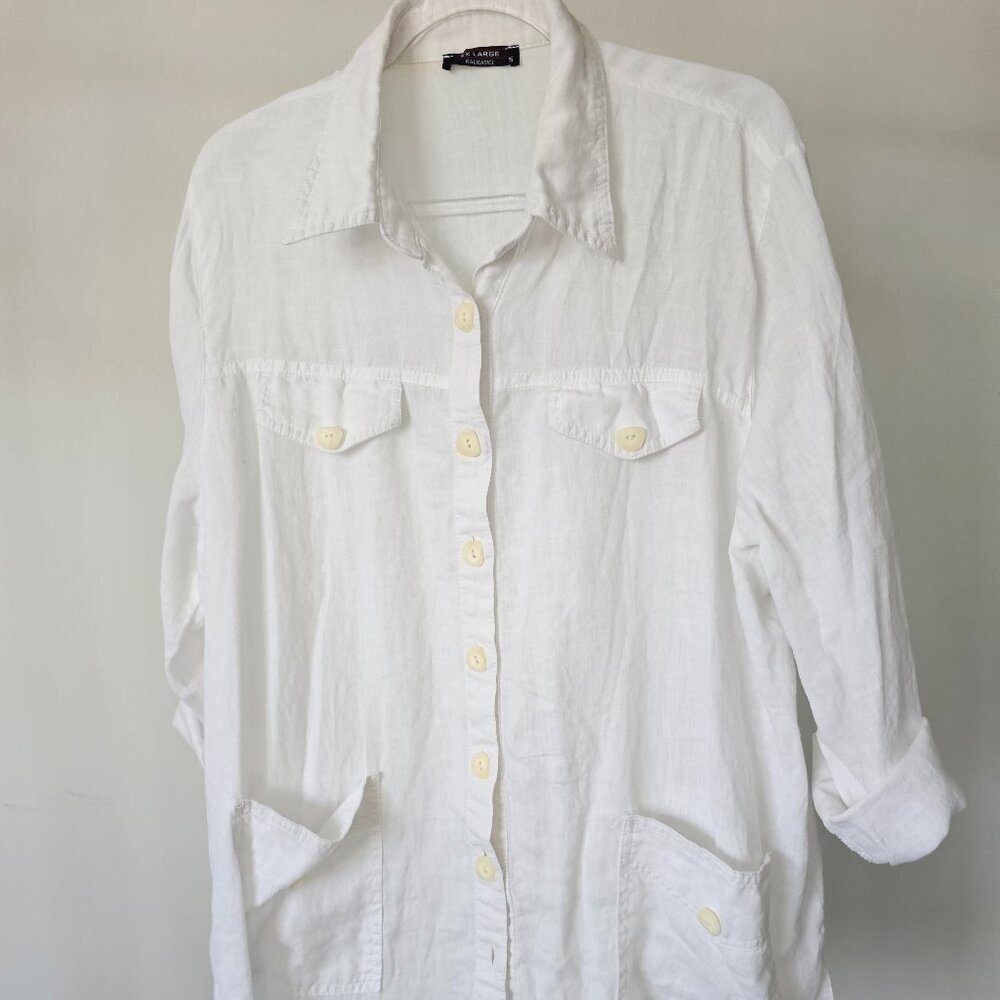 Kalkanci White Linen Button-Up Shirt w/Waist Pockets